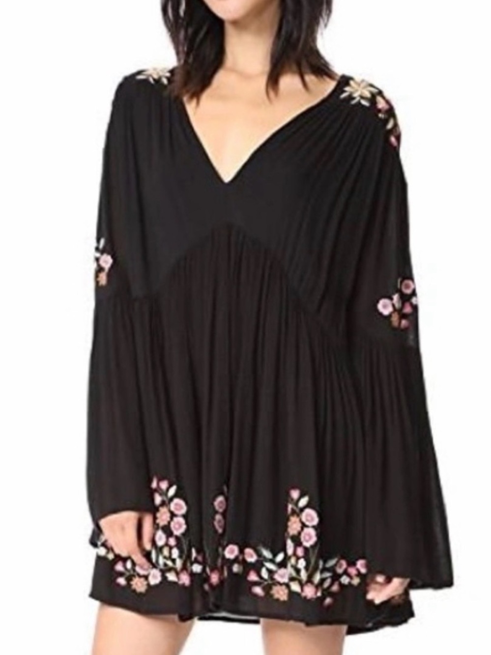 Free People Te Amo Black Floral Embroidered V-Neck Women's Dress/ Tunic - Picture 5 of 9